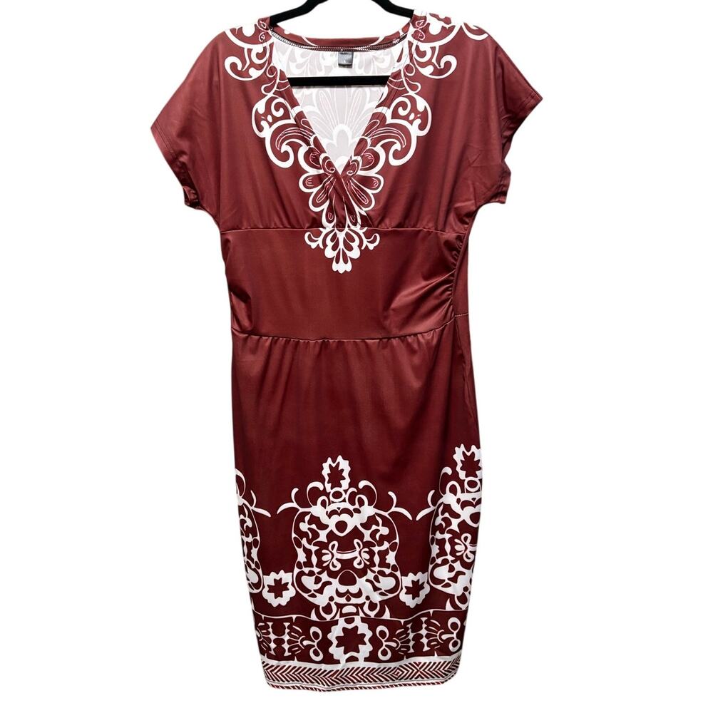 NWOT-L-Boho Print V-Neck Dress